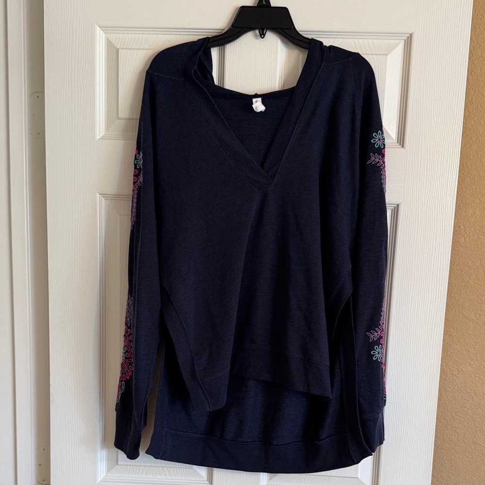 Anthropologie Deep Blue V-Neck Sweater with Floral Embroidery